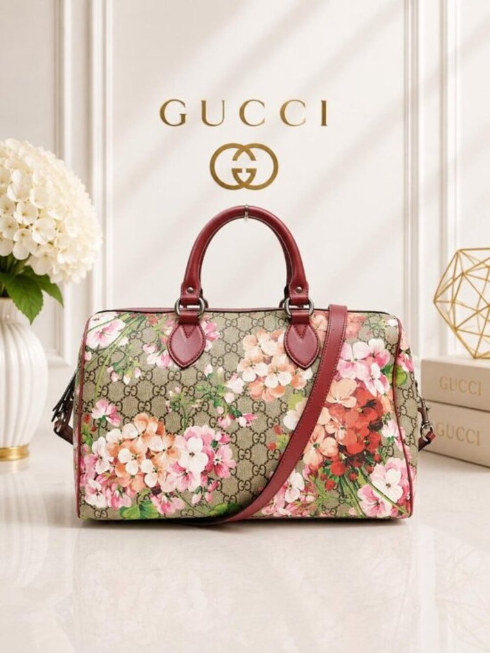 Authentic Gucci Blooms GG Supreme Floral Boston Top Handle Crossbody